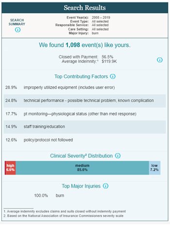 Screen shot of a search result from the CRICO Strategies data tool that is being beta tested by clients